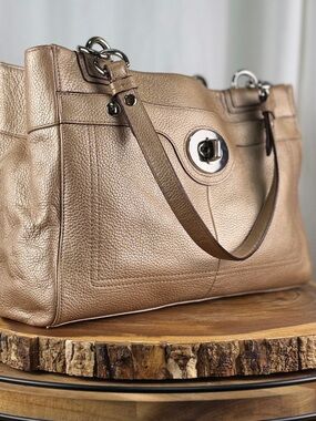 Coach Penelope Champagne Gold Pebbled Leather Carryall Shoulder Bag Satchel EUC